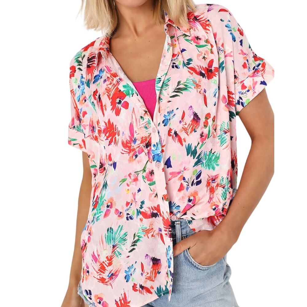 Lulus Women Summertime Fun Blush Pink Floral Button-Up Short Sleeve Top‎ Small